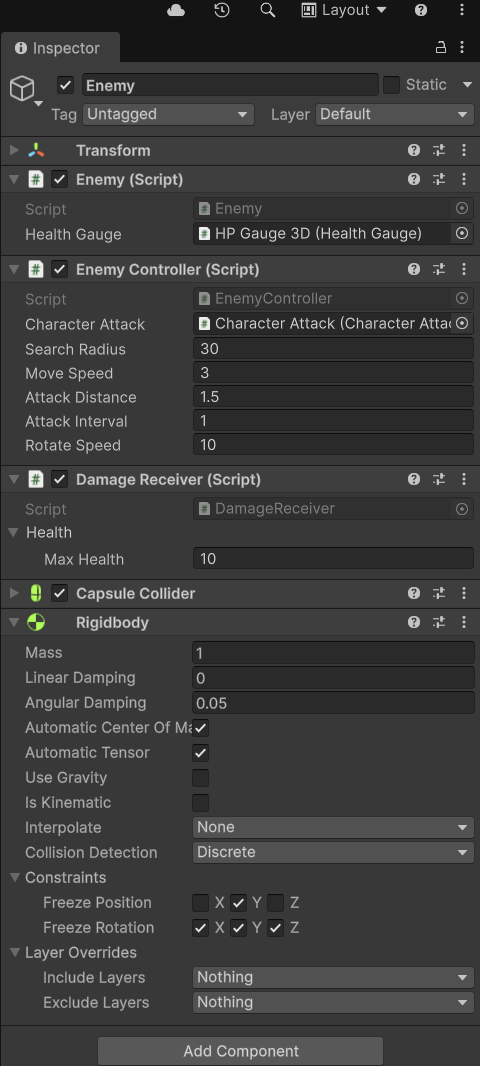Enemy Prefab の Inspector