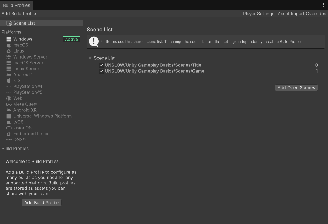 Build ProfilesのScene ListへTitleとGameを登録した画面
