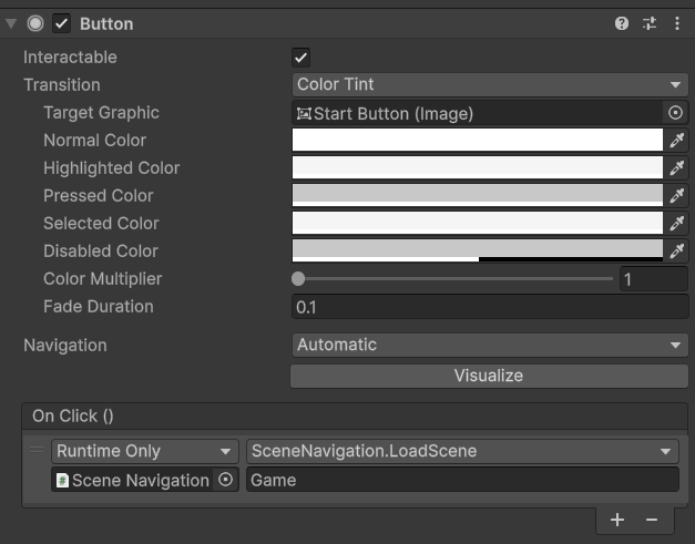 Start ButtonのOn ClickにGame Sceneを読み込む処理を設定したInspector