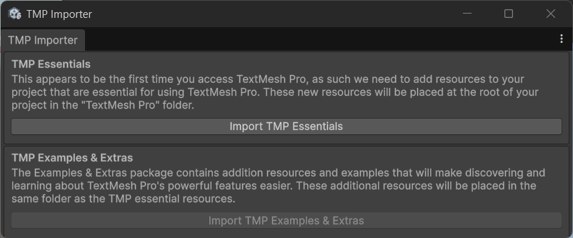TMP ImporterでImport TMP Essentialsを選択する画面