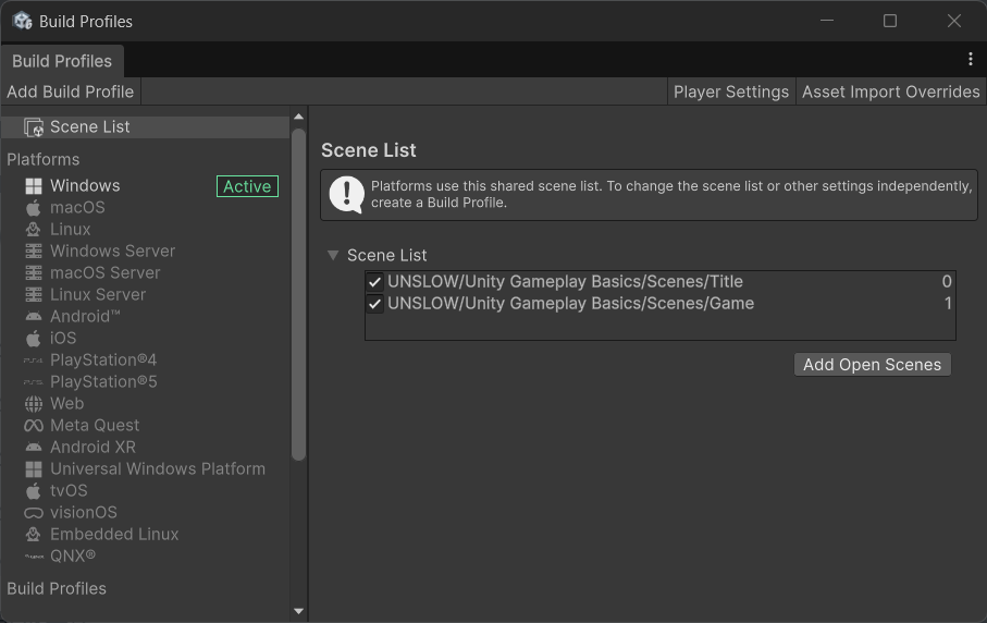 Build ProfilesのScene ListでTitleを0番、Gameを1番に並べた設定例